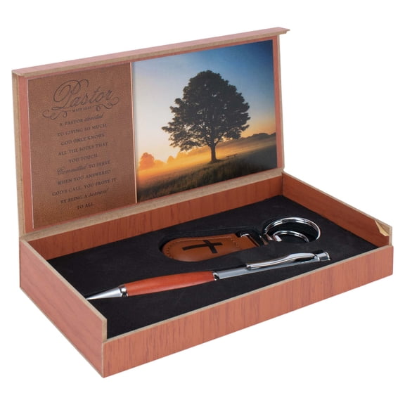 Dicksons Pastor Devoted To Giving Natural Brown 7 x 4 Inch Pen and Key Chain Boxed Set