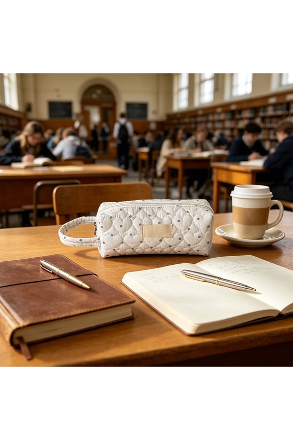 Pen Bag,Heart Dot Quilted Handheld Compact Pouch With Convenient Top Handle for Stationery Small Cosmetic and Personal Sundries Storage,Ideal for Youngster Library Outdoor Activities(White)