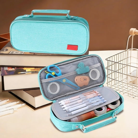 Pen Case Canvas Large Capacity, Multi Layer Zipper Organizer Bag, Stationery Storage Pouch Portable Design, Dual Compartment Travel Use, Office Cosmetic Electronics Storage Bag