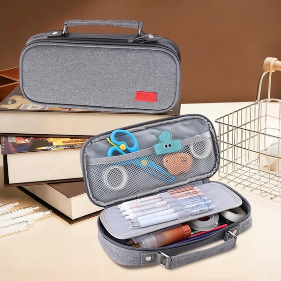Pen Case Canvas Large Capacity, Multi Layer Zipper Organizer Bag, Stationery Storage Pouch Portable Design, Dual Compartment Travel Use, Office Cosmetic Electronics Storage Bag