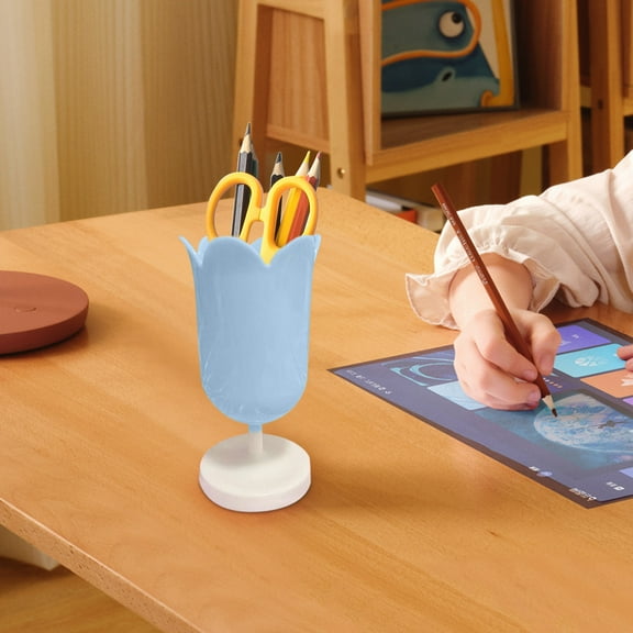 Pen Container, Czzoypi Vintage Flower Decoration Makeup Brush Organizer, Plastic Pen Bucket for Desk Office Classroom Photo Props, Light Blue