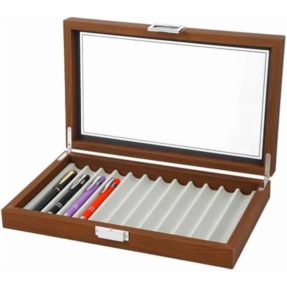 Pen Display Box, Elegant Walnut Fountain Pen Storage Case, 12 Slot Display, Smooth Woodgrain, Glass Cover, Smooth Metal Hinges Pen Display Case Ideal for Collectors