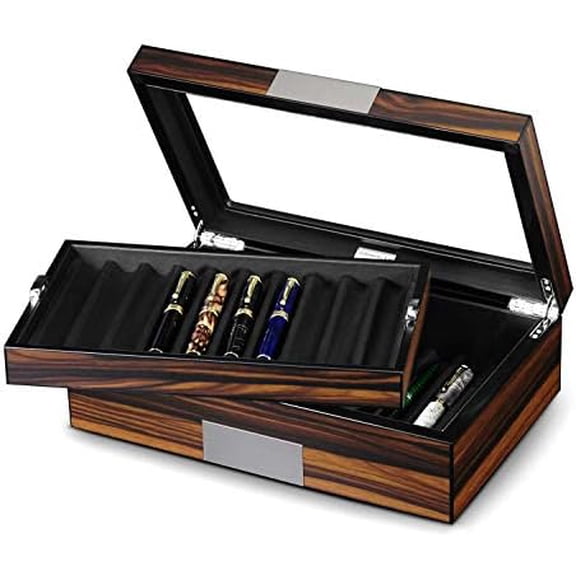Pen Display Case - Ebony Wood Storage Box with Glass Window, Holds 20 Fountain Pens, Luxury Pen Organizer for Collectors$$Office