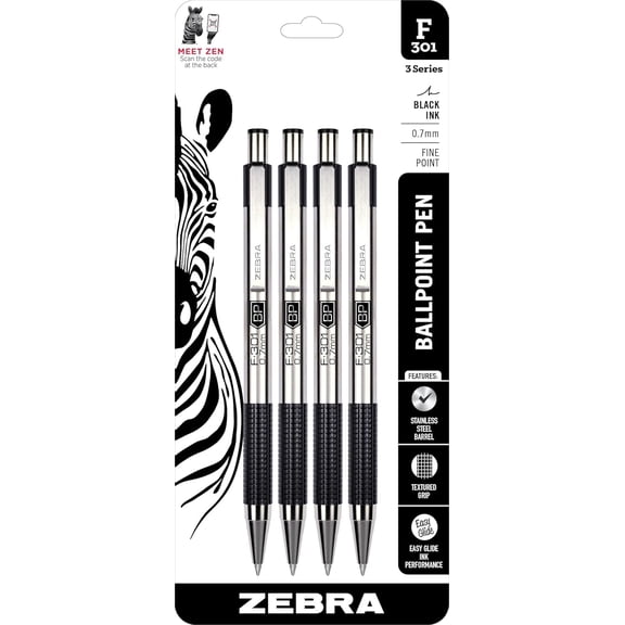 Pen F-301 Black Fine Point 0.7mm Pen, Easy-Glide , Stainless Steel Retractable, Non-Slip Grip, Professional Design, Ideal for Office, Journal and Planner Use, 4-Pack (27114)