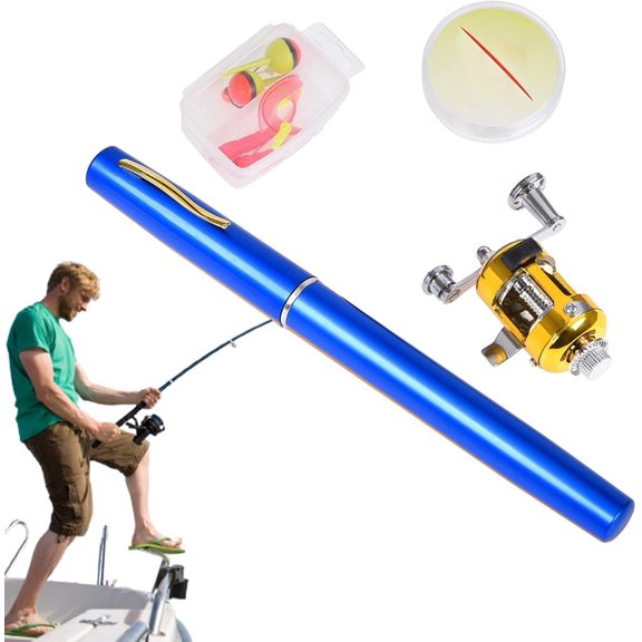 Pen Fishing Pole Rod and Reel Combo Portable Blue, 1m Open Length, 140g Full Set