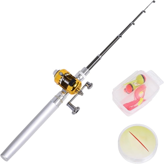 Pen Fishing Pole Rod and Reel Combo Portable Silver, Collapsible to 20cm, Extends to 1 Meter