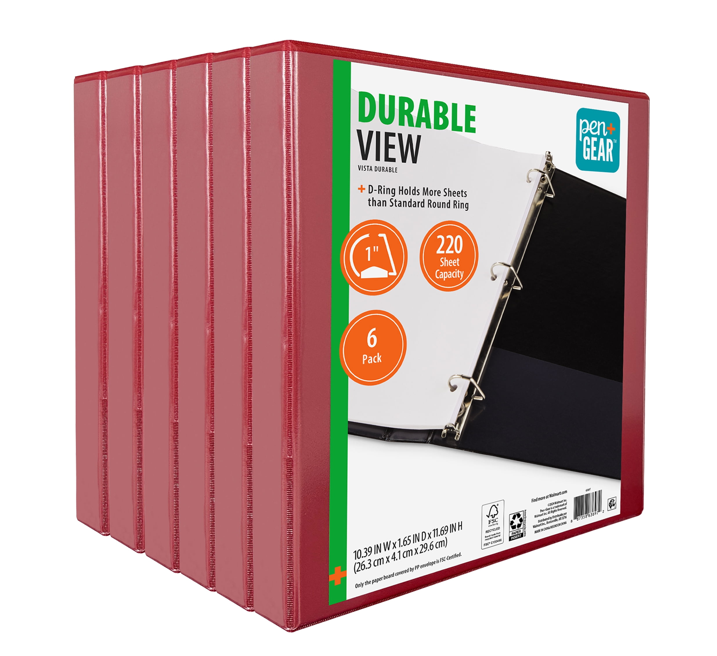 Pen + Gear 1" Durable Binder,1" Slanted D-Rings, Red, 6 Pack