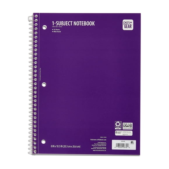 Pen + Gear 1 Sub 70ct Purple Notebook WR, 10.5 x 8
