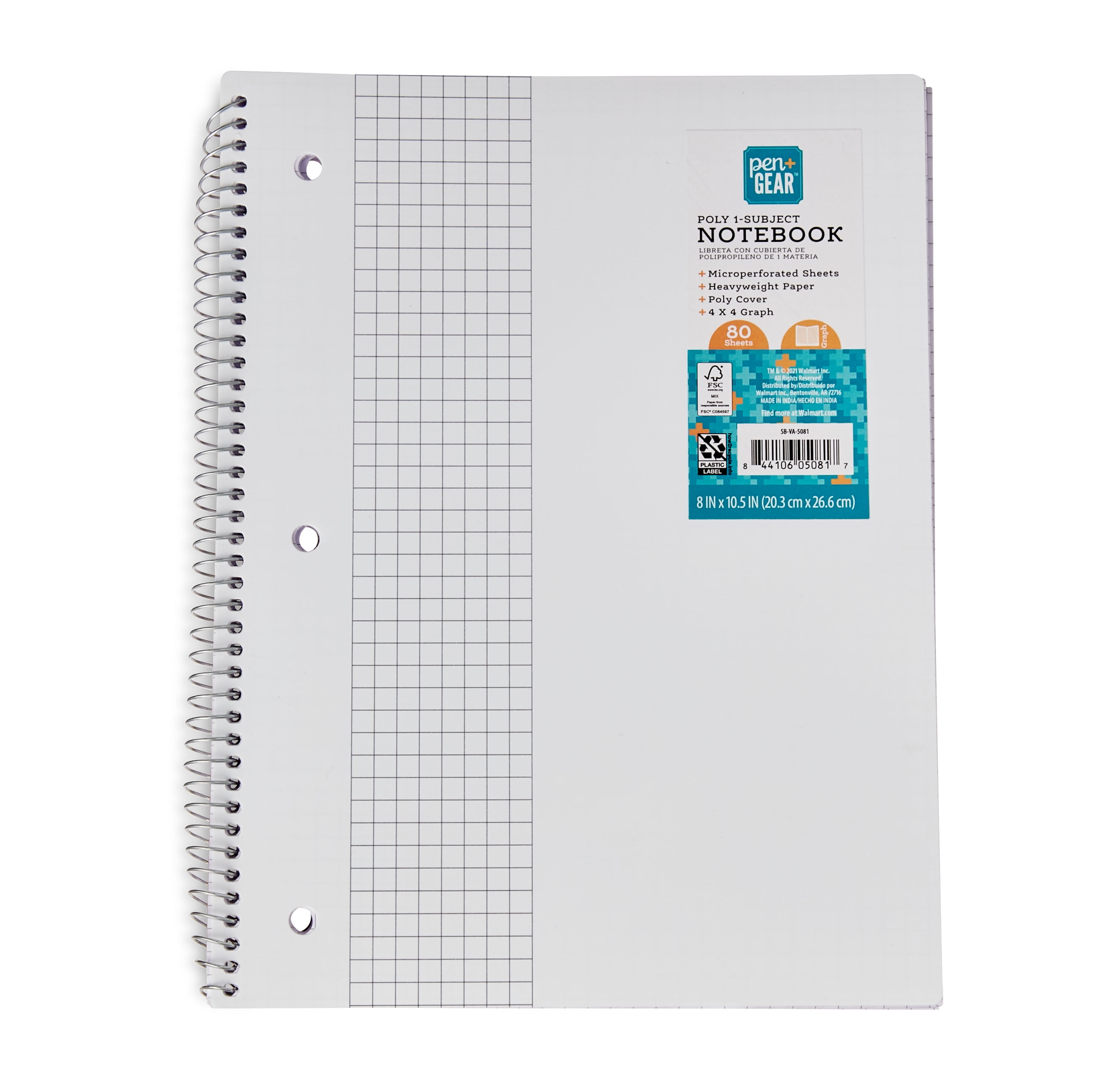 Pen+Gear 1 Subject Notebook, White, 4x4 Grid Ruled, 80 Sheets