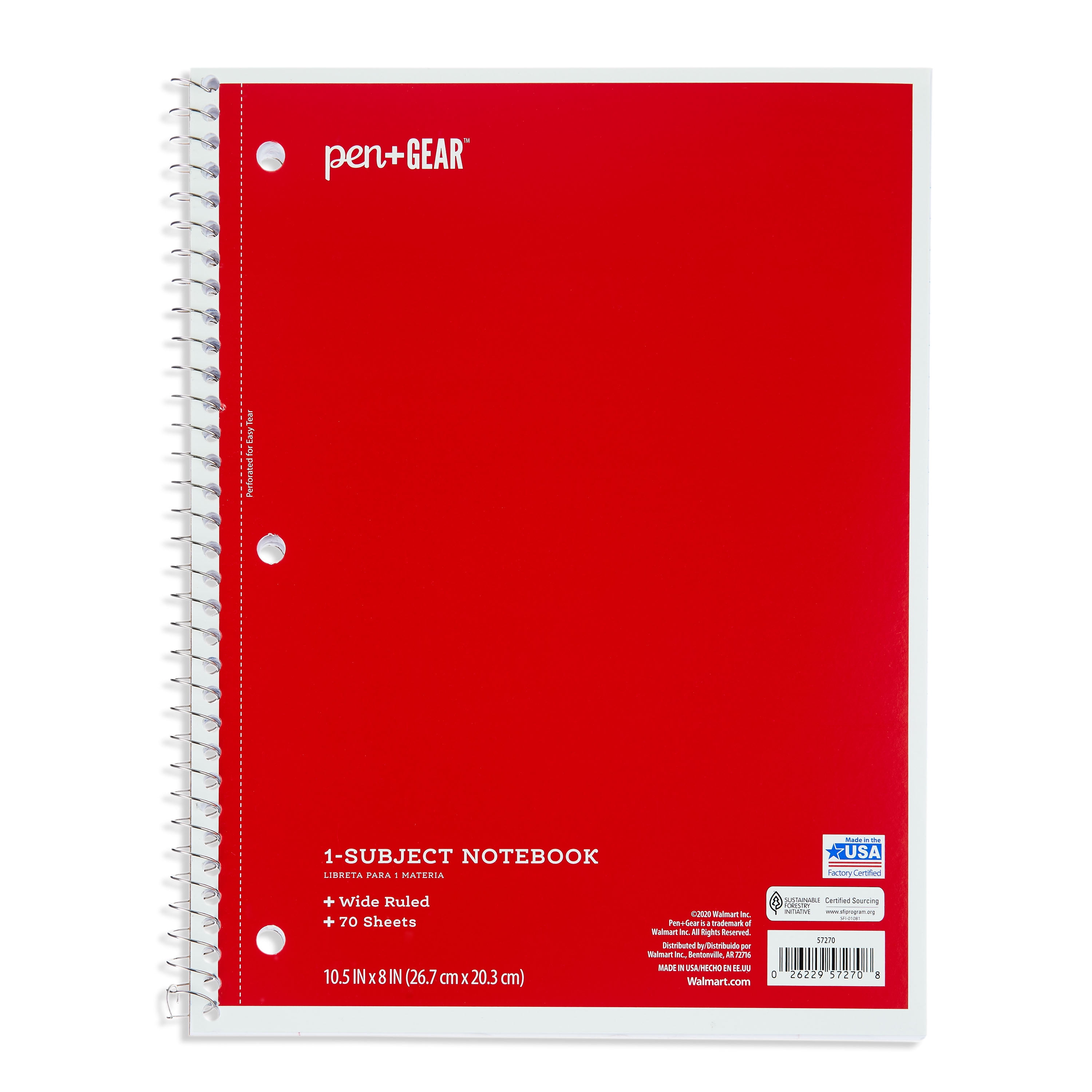 Pen+Gear 1Subject Notebook, Wide Ruled, 70 Sheets, Red