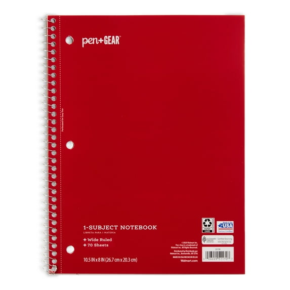 Pen+Gear 1-Subject Notebook, Wide Ruled, Red, 70 Sheets