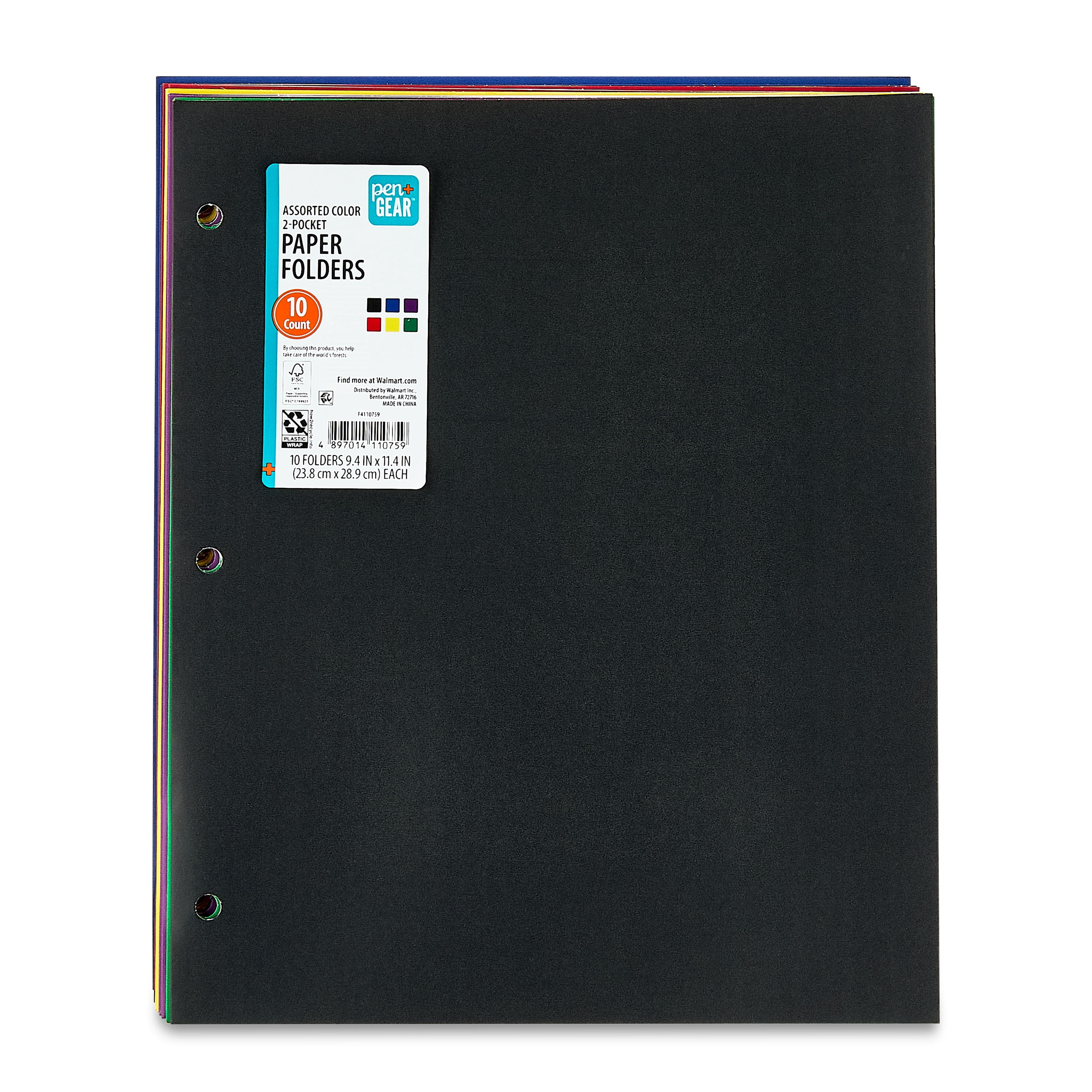 Pen+Gear 2-Pocket Paper Folders, 9.4" x 11.4", Assorted Colors, 10 Count