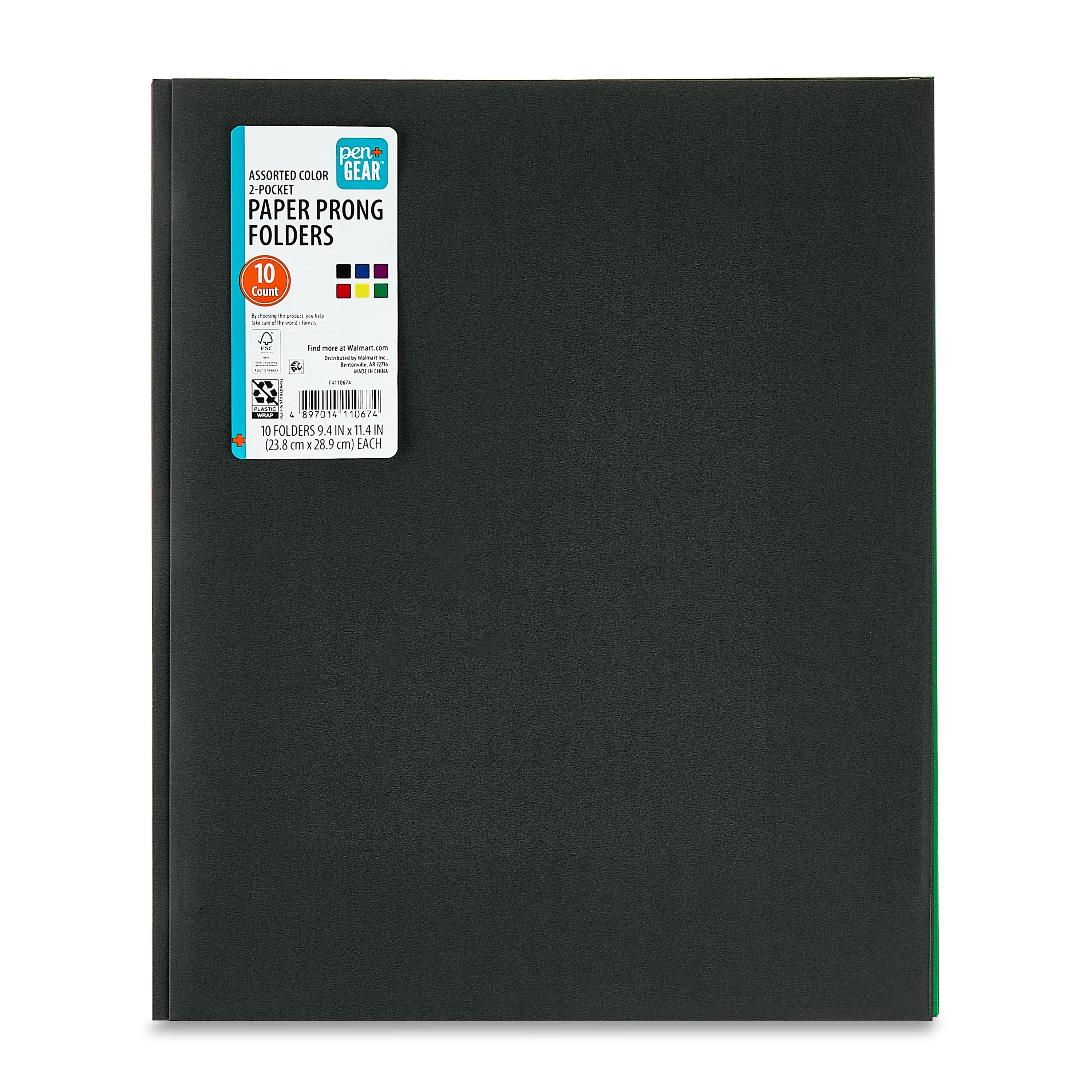 Pen+Gear 3-Prong 2-Pocket Paper Folders, 9.4" x 11.4", Assorted Colors, 10 Count