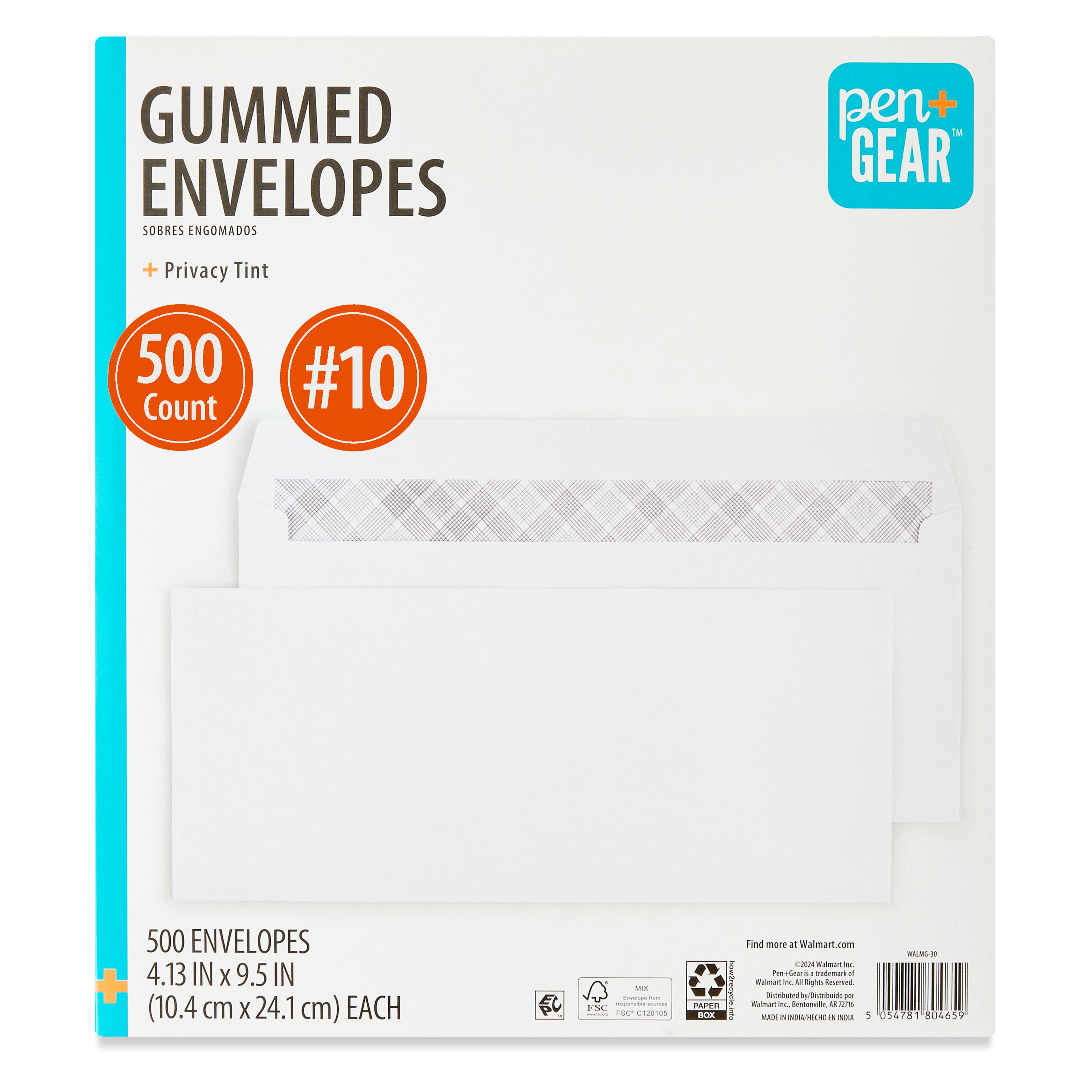 Pen+Gear #10 Privacy Tint Gummed Envelopes, White, 4.13" x 9.5", 500 Count