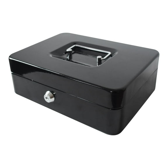 Pen + Gear 10 inch Metal Cash Box with Money Tray and Key Lock, Black, YFC-25