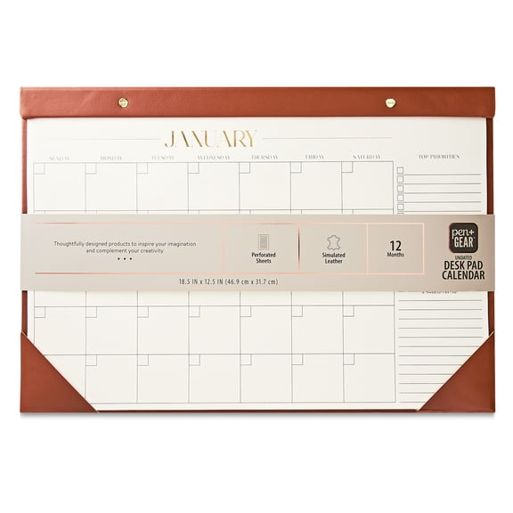 Pen+Gear 12-Month Medium Cognac Brown Undated Simulated Leather Desk Pad Calendar, 18.5 x 12.5 Inches