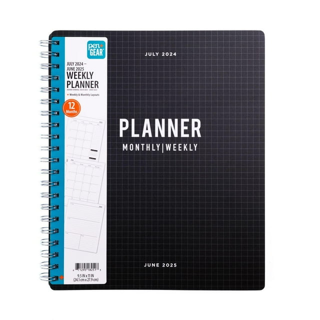 Pen+Gear 12Month Weekly Planner, Black Grid, 9.5" x 11", July 2024