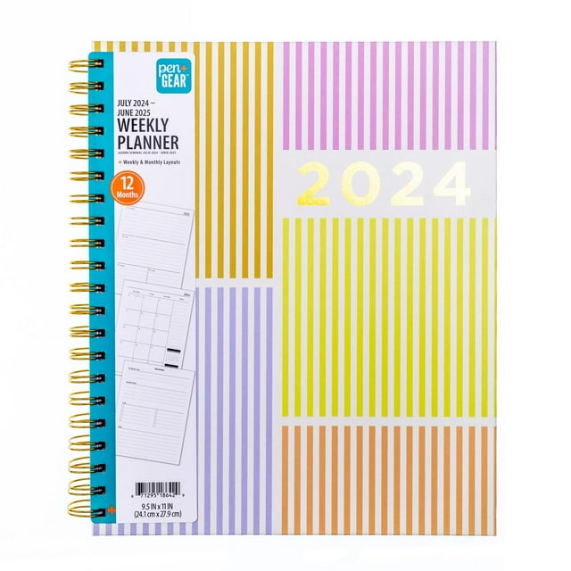 Pen+Gear 12Month Weekly Planner, MultiColor Stripes, 9.5" x 11", July