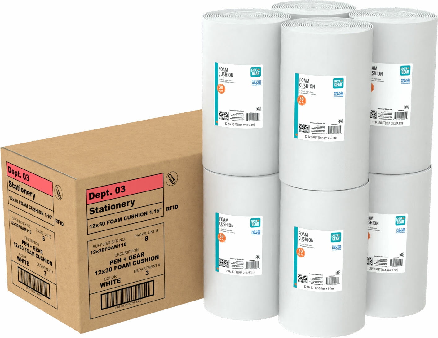 Pen+Gear 12 in. x 30 ft. Foam Cushion Roll, White, 8-Roll Case