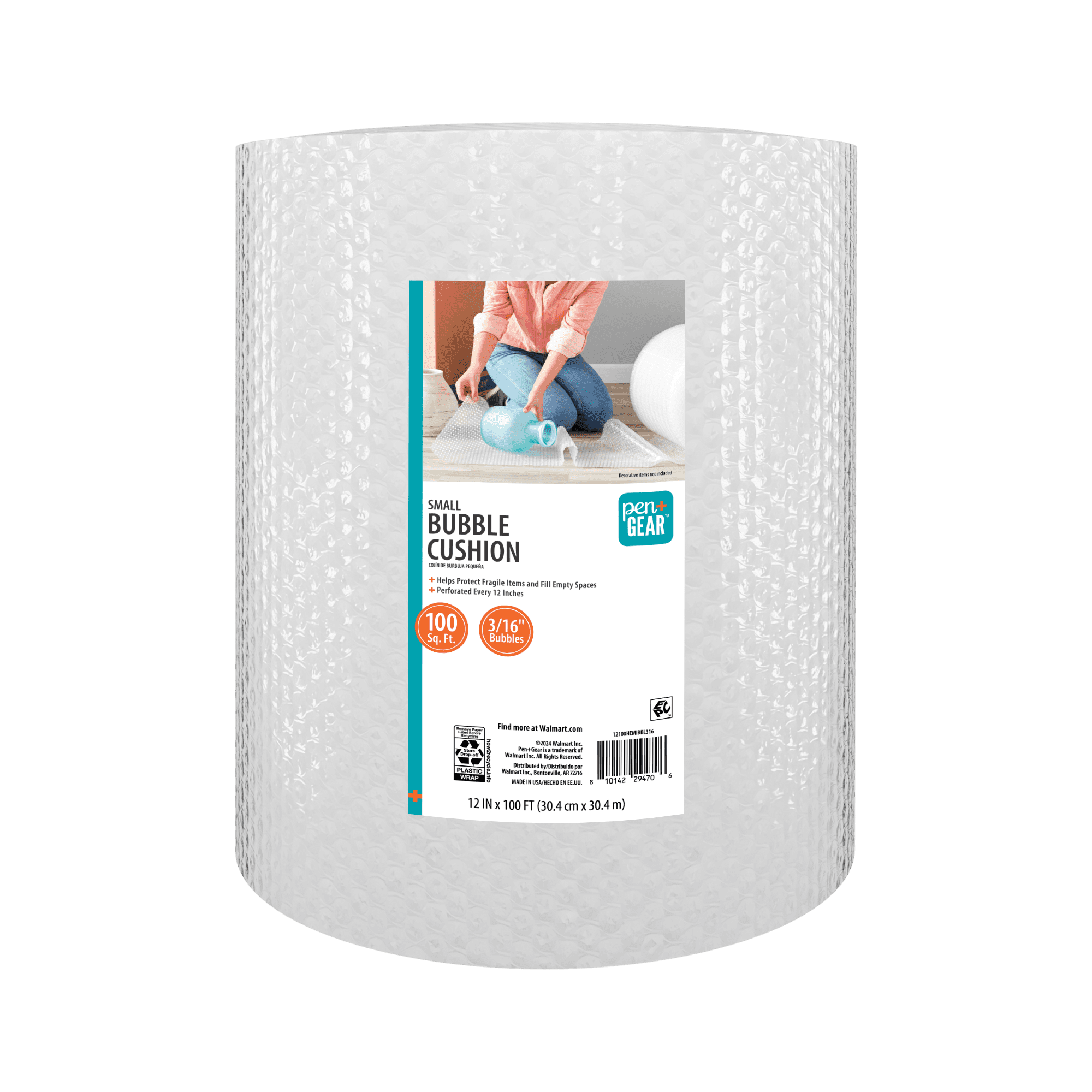 Pen+Gear 12" x 100' 3/16" Bubble Wrap Roll, Small Bubbles