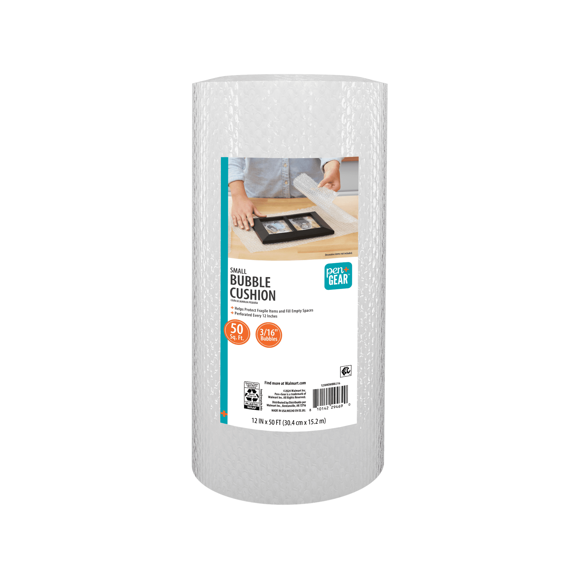 Pen+Gear 12" x 50' 3/16" Bubble Wrap Roll, Small Bubbles