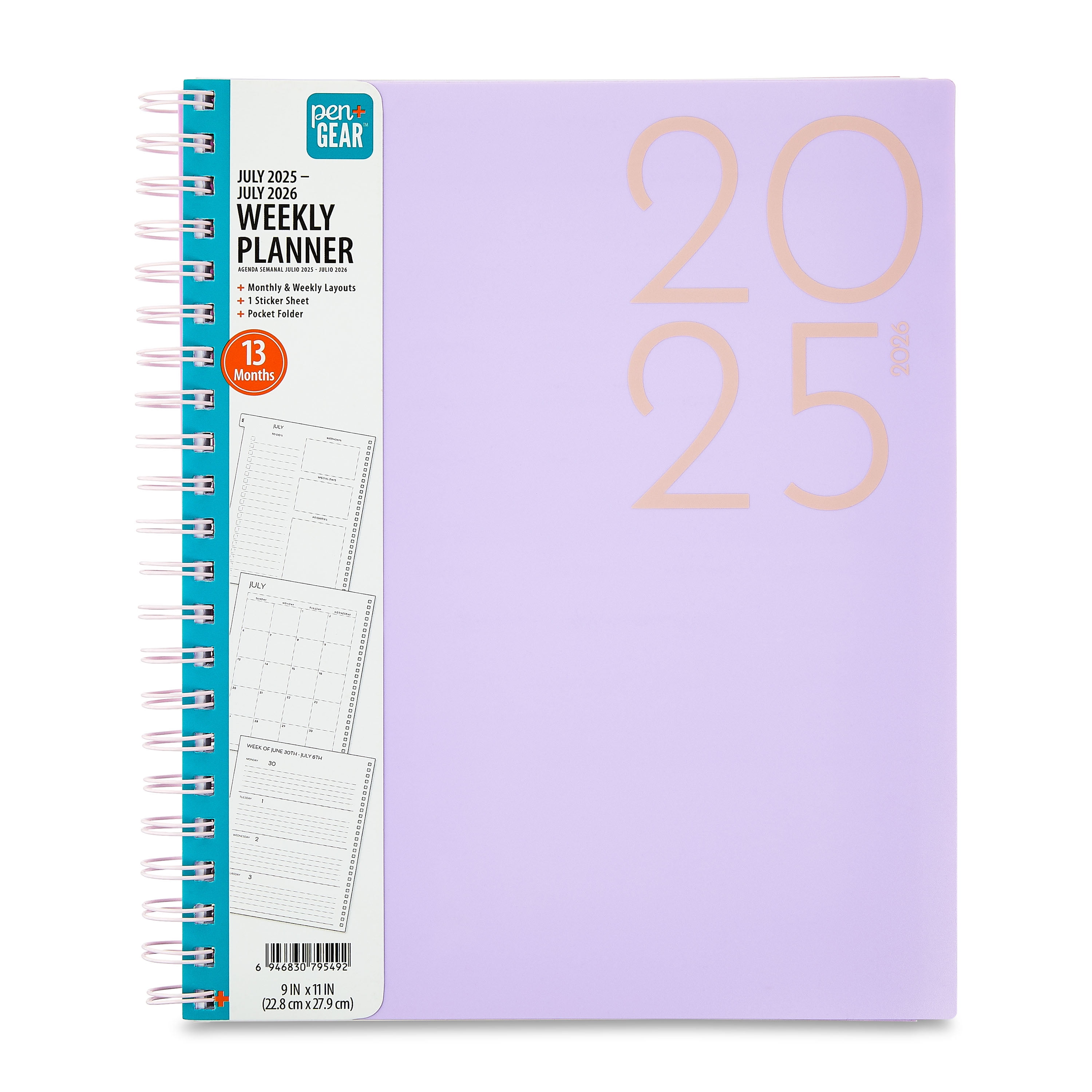 Pen+Gear 13-Month Weekly Planner, 9.5" x 11", Purple, July 2025-July 2026