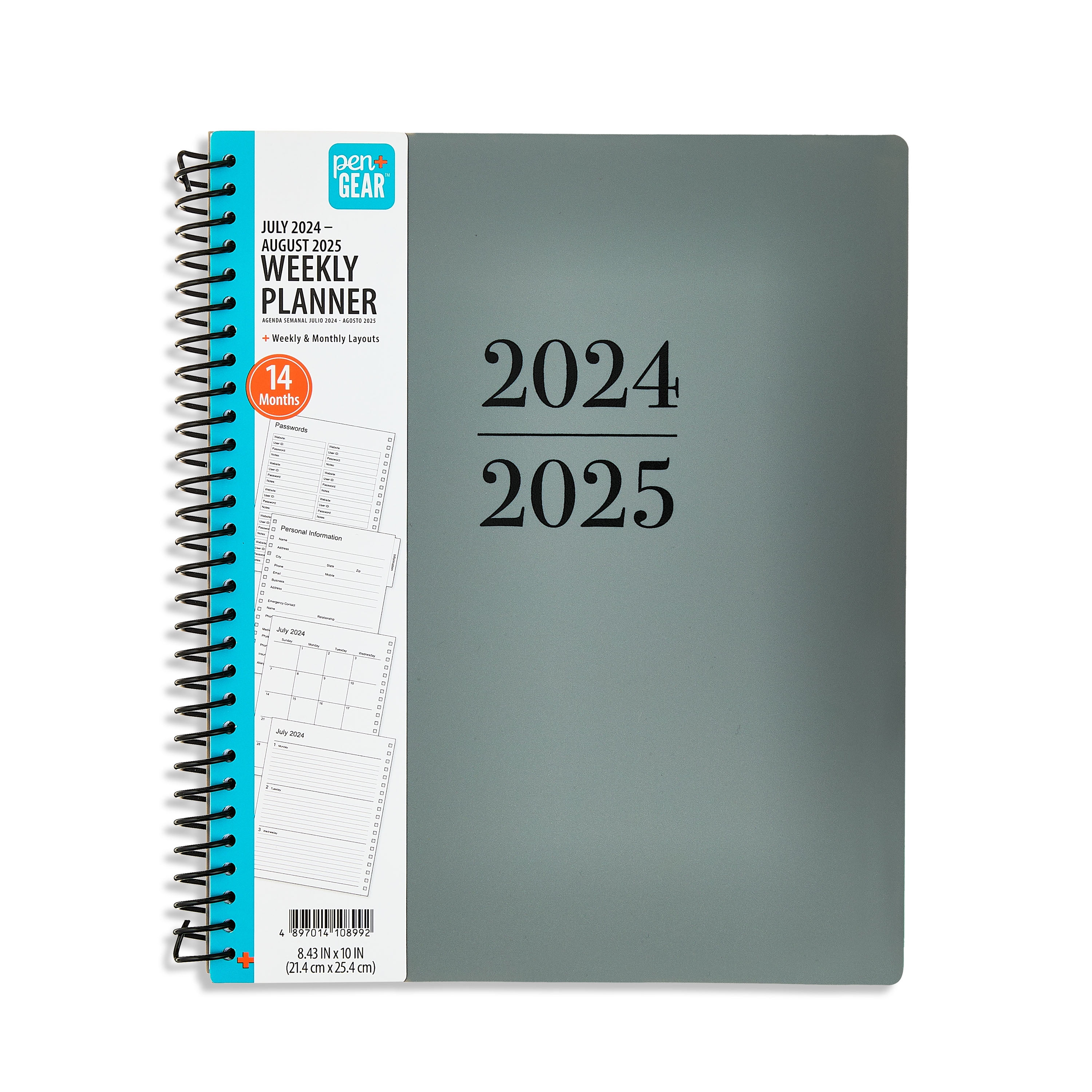 Pen+Gear 14Month Weekly Planner, 8.43" x 10", July 2024 August 2025, Gray