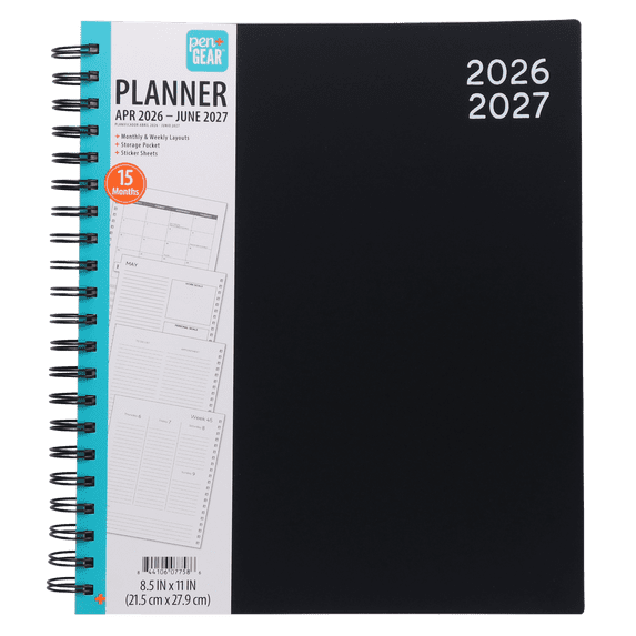 Pen+Gear 15-Month Weekly Planner, 8.5 in x 11 in, Black, April 2026-June 2027