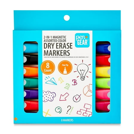 Pen+Gear 2-in-1 Magnetic Dry Erase Markers, Assorted Ink Colors, Dual Tip, 8 Count