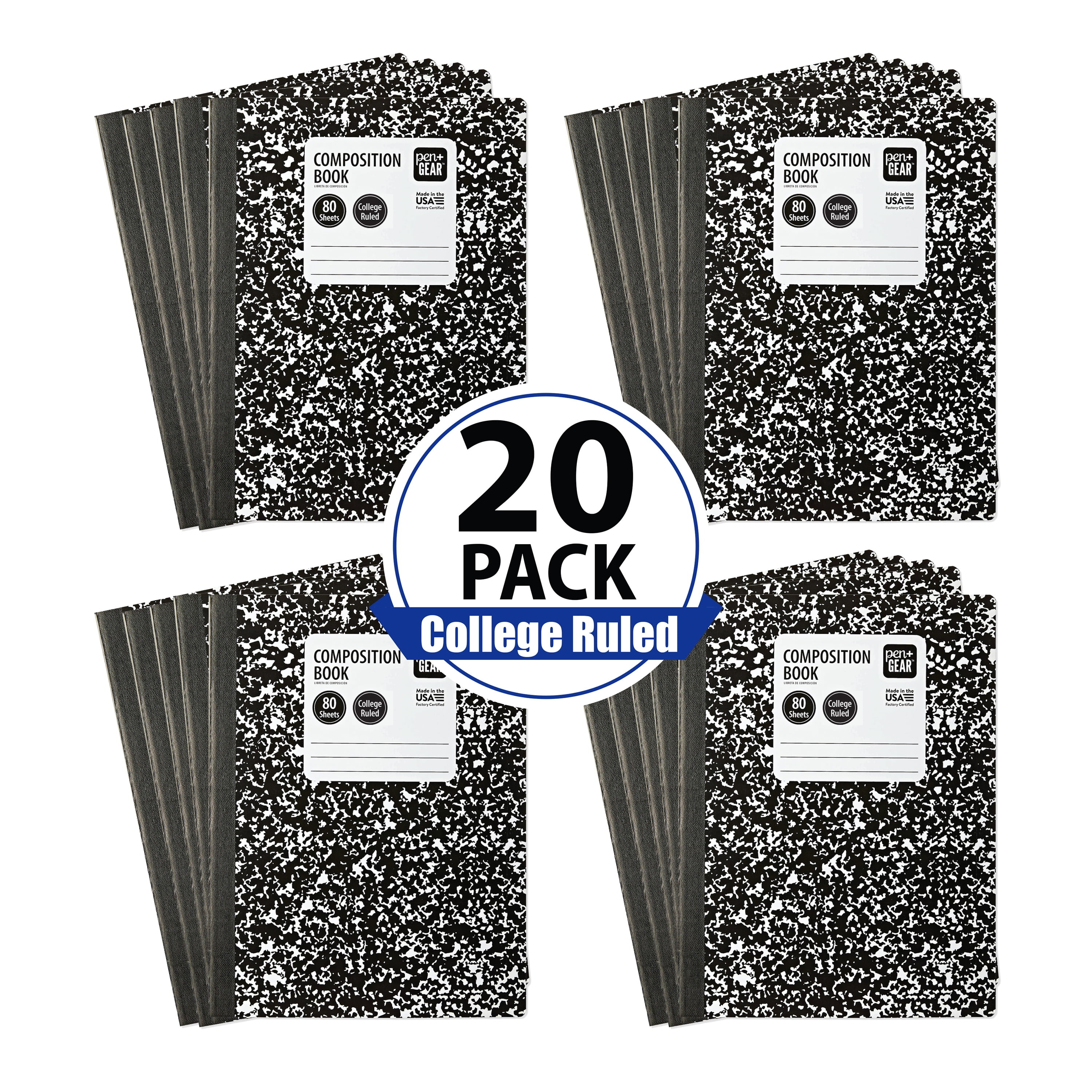Pen+Gear 20 pack, College-Ruled Marble Composition Book, 9.75 x 7.5, 80 Sheets, New