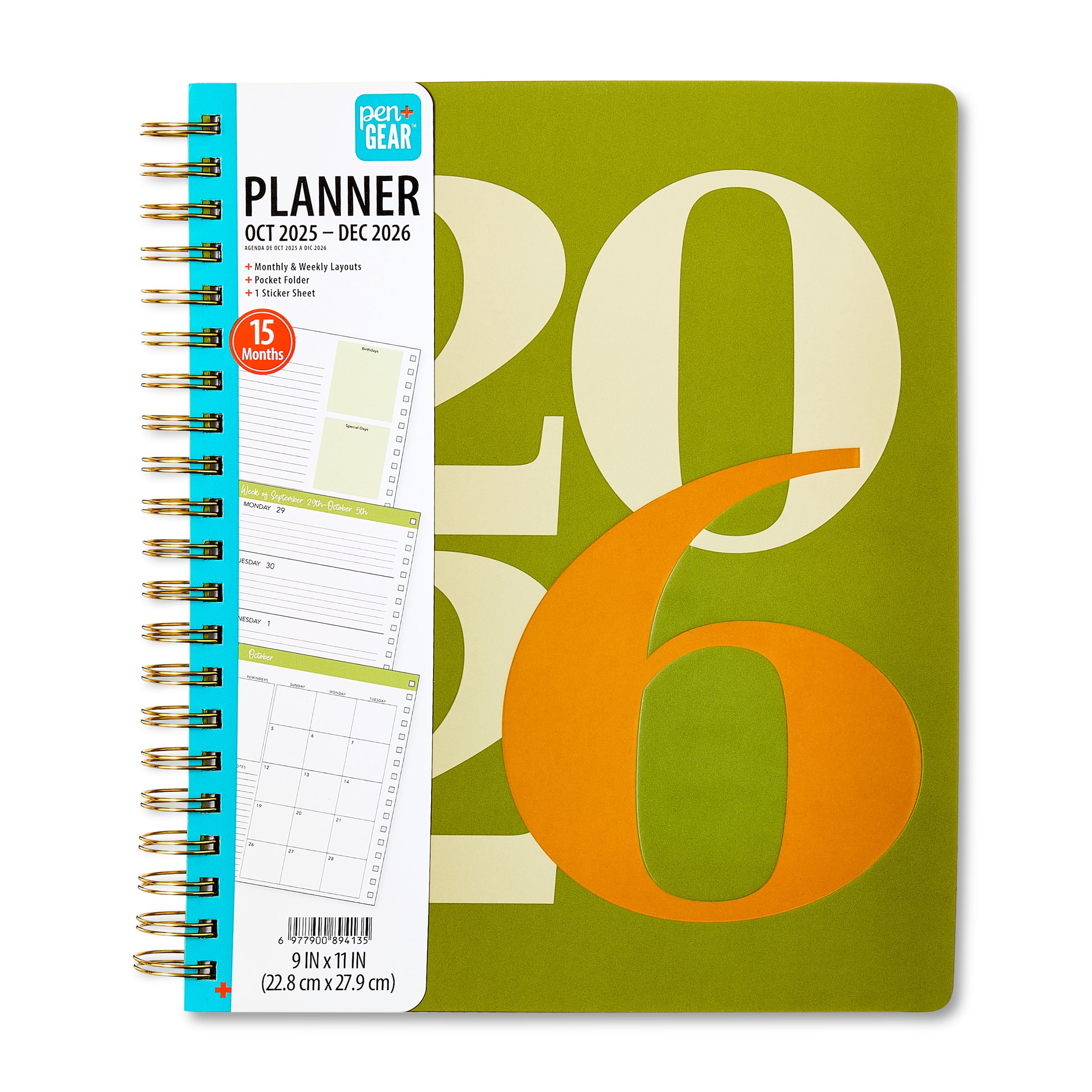 Pen+Gear 15-Month Weekly Planner, 9" x 11", Multicolor 2026, October 2025-December 2026