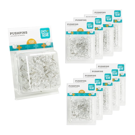 Pen+Gear 3/8" Clear Plastic Push Pins, 10 Packs, 100 Push Pins per Pack, 1000 Push Pins Total
