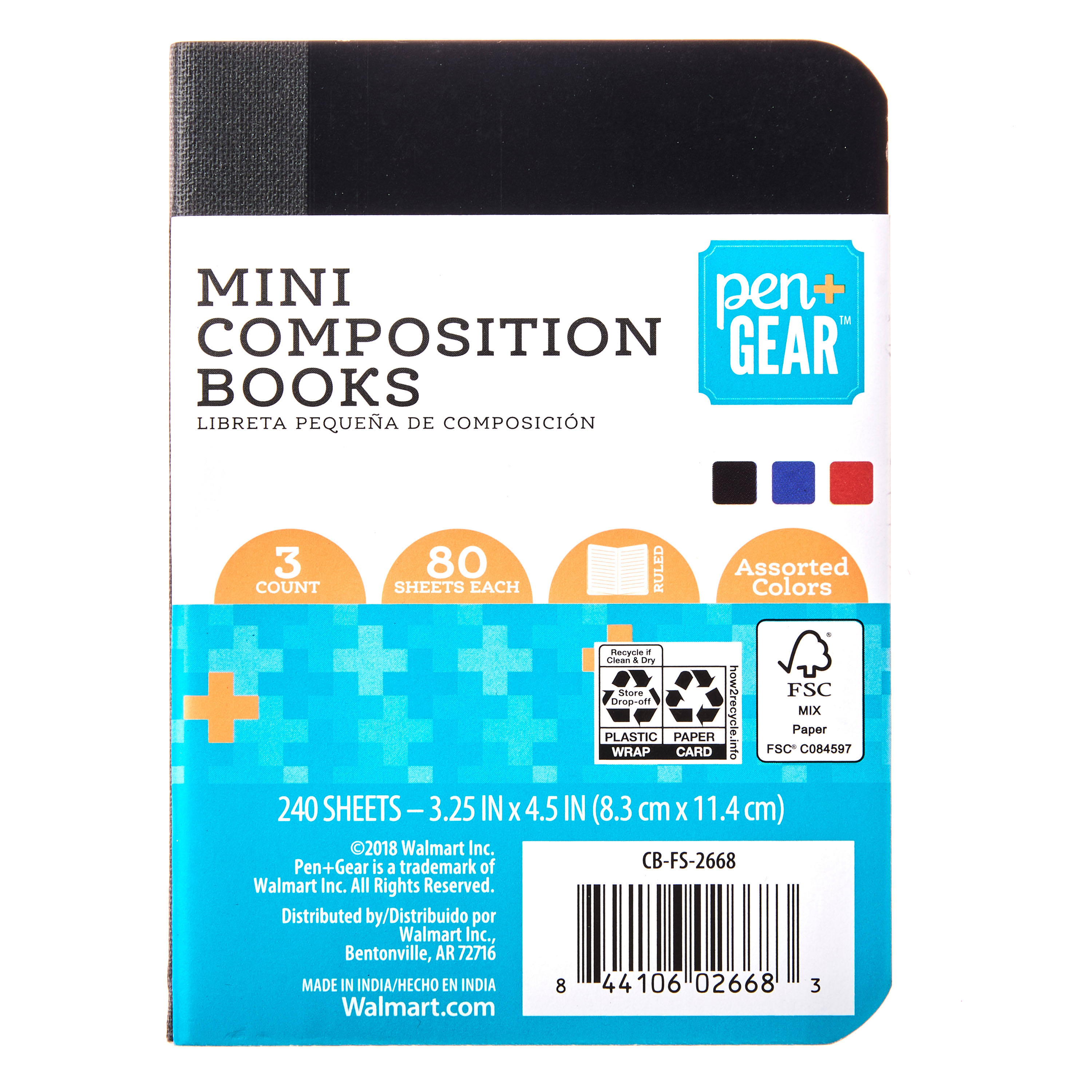 Pen + Gear 3-Pack Mini Composition Book, 3.25" x 4.5" x 4.55", 80 Sheets, Black, Blue and Red - image 1 of 5