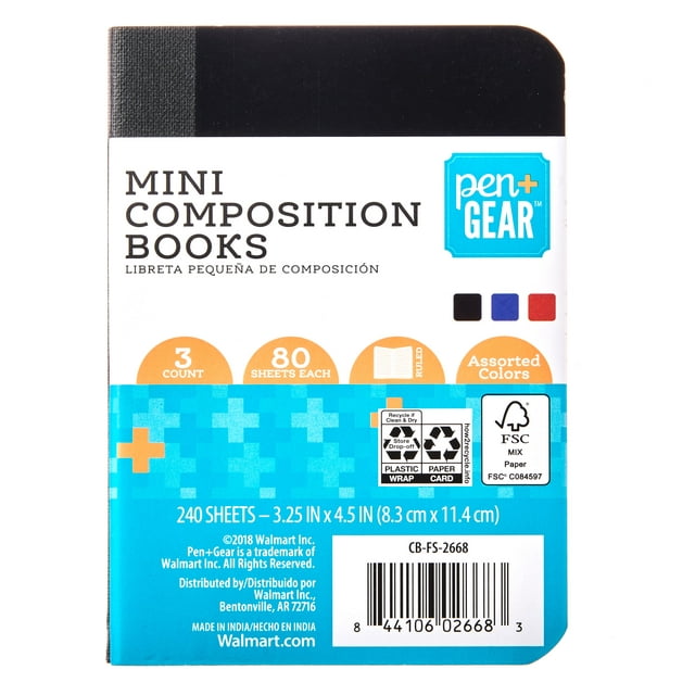 Pen + Gear 3-Pack Mini Composition Book, 3.25" x 4.5" x 4.55", 80 Sheets, Black, Blue and Red