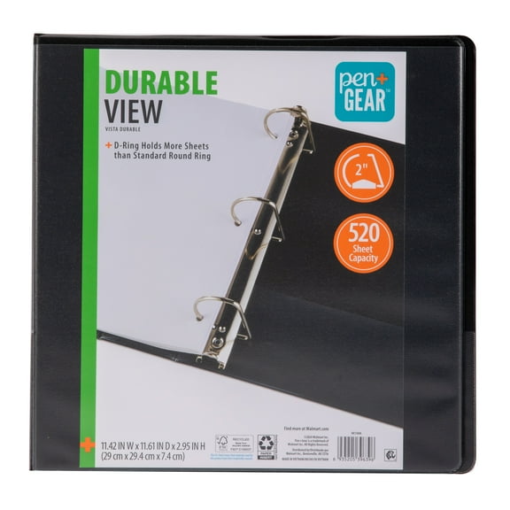 Pen+Gear 3-Ring Durable View Binder, 2" D-Rings, Black,1 Count