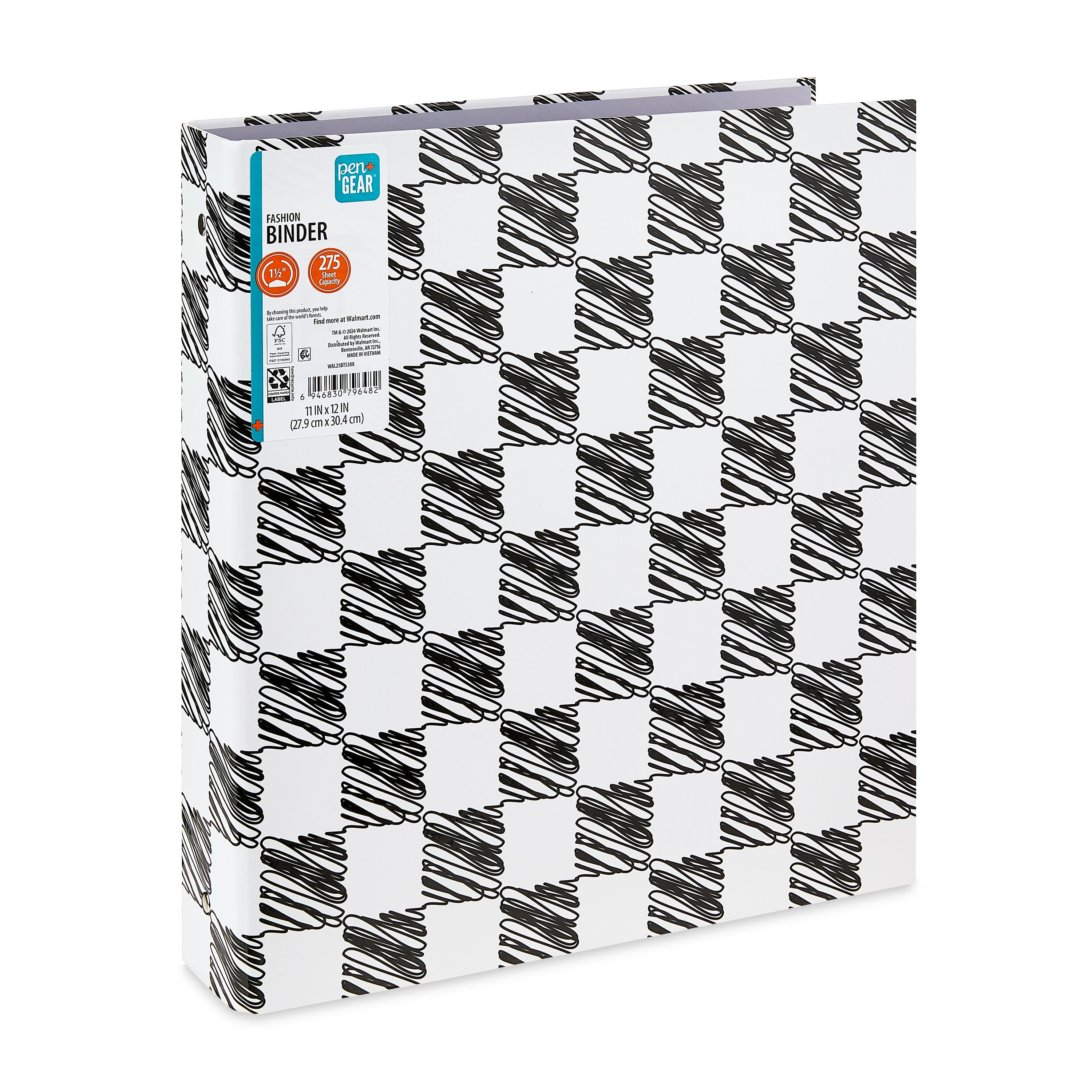 Pen+Gear Fashion 1.5" Round-Ring Binder, Black and White Squiggle Check