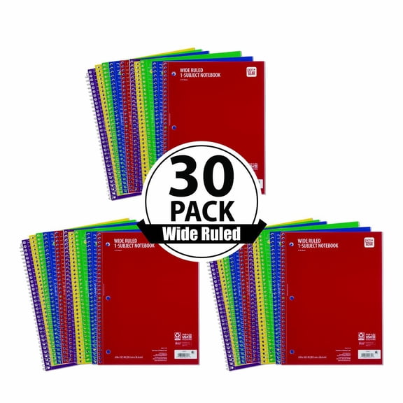 Pen+Gear Wide Ruled 1-Subject Notebook, 8" x 10.5", Assorted Colors, 70 Sheets, 30 Count