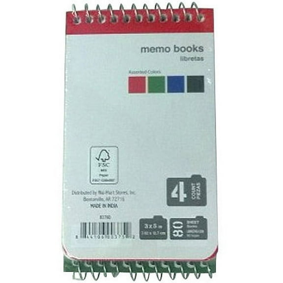 Pen + Gear 4 Pack 3"x5", Top Spiral Memo Book, 80 Sheets Per Book