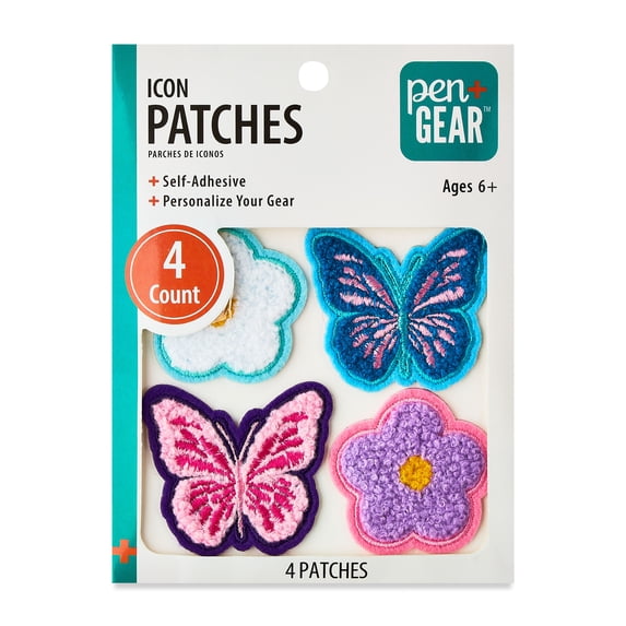 Pen+Gear Chenille Patch Stickers, 4 Count, Butterflies and Flowers, For Backpacks, Lunch Kits and Students