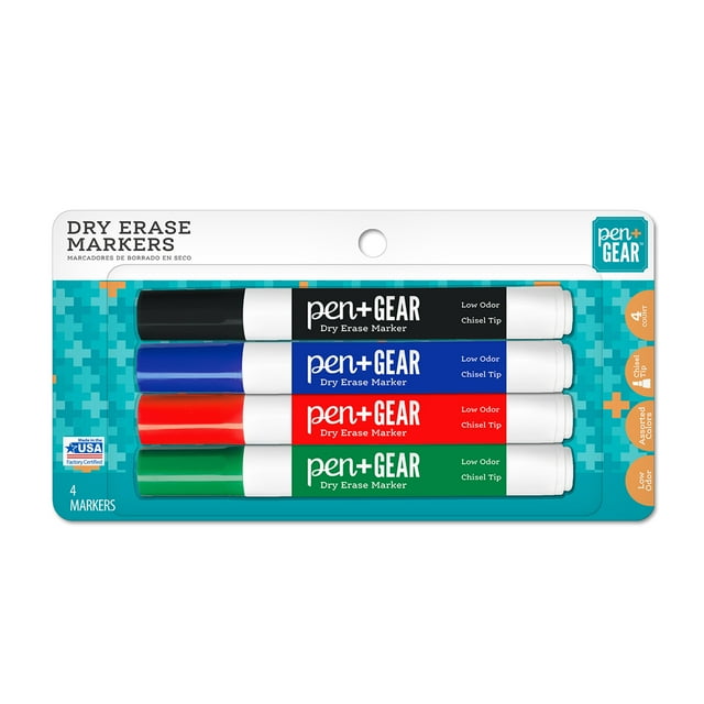 Pen + Gear 4ct Chisel Tip Dry Erase Markers Assorted Colors