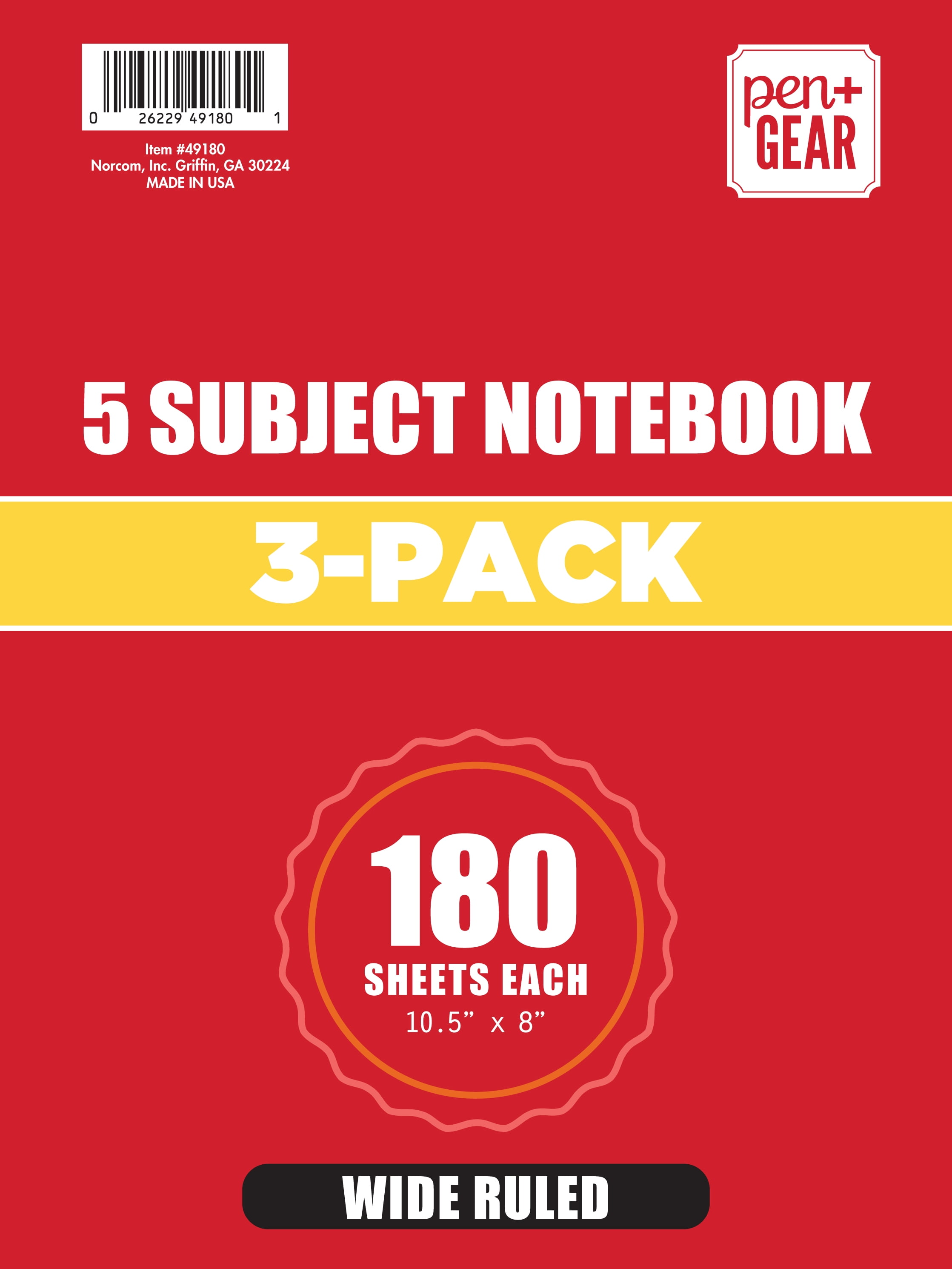 Pen+Gear 5Subject Notebook, Wide Ruled, 180 Sheets, 3 Pack