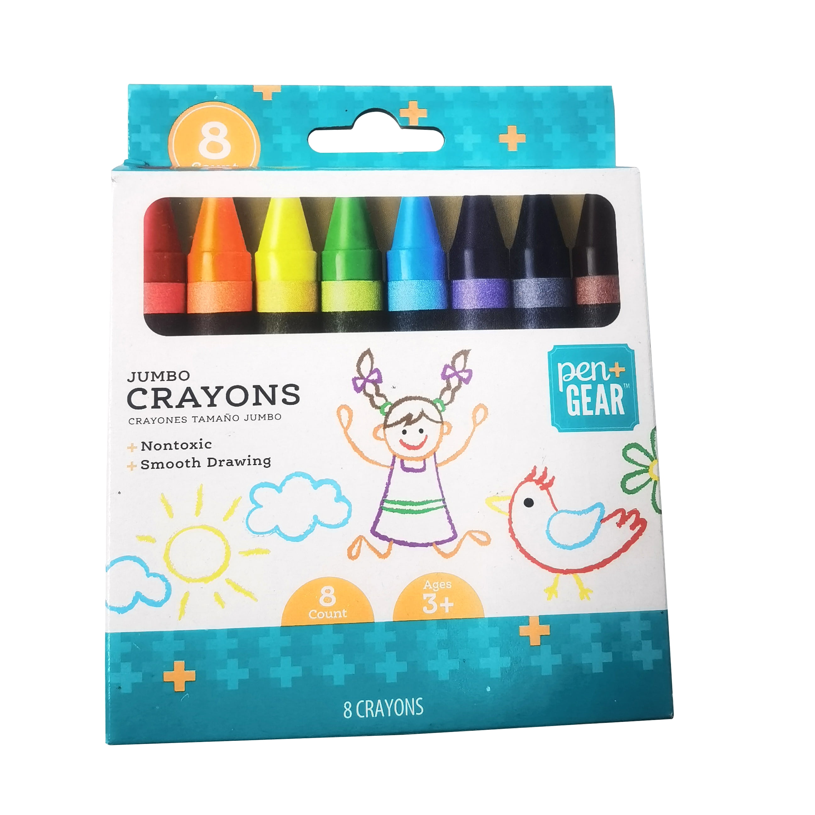 Pen+Gear 8ct Jumbo Crayons in Printed Paper Box. Multicolor, Non Toxic