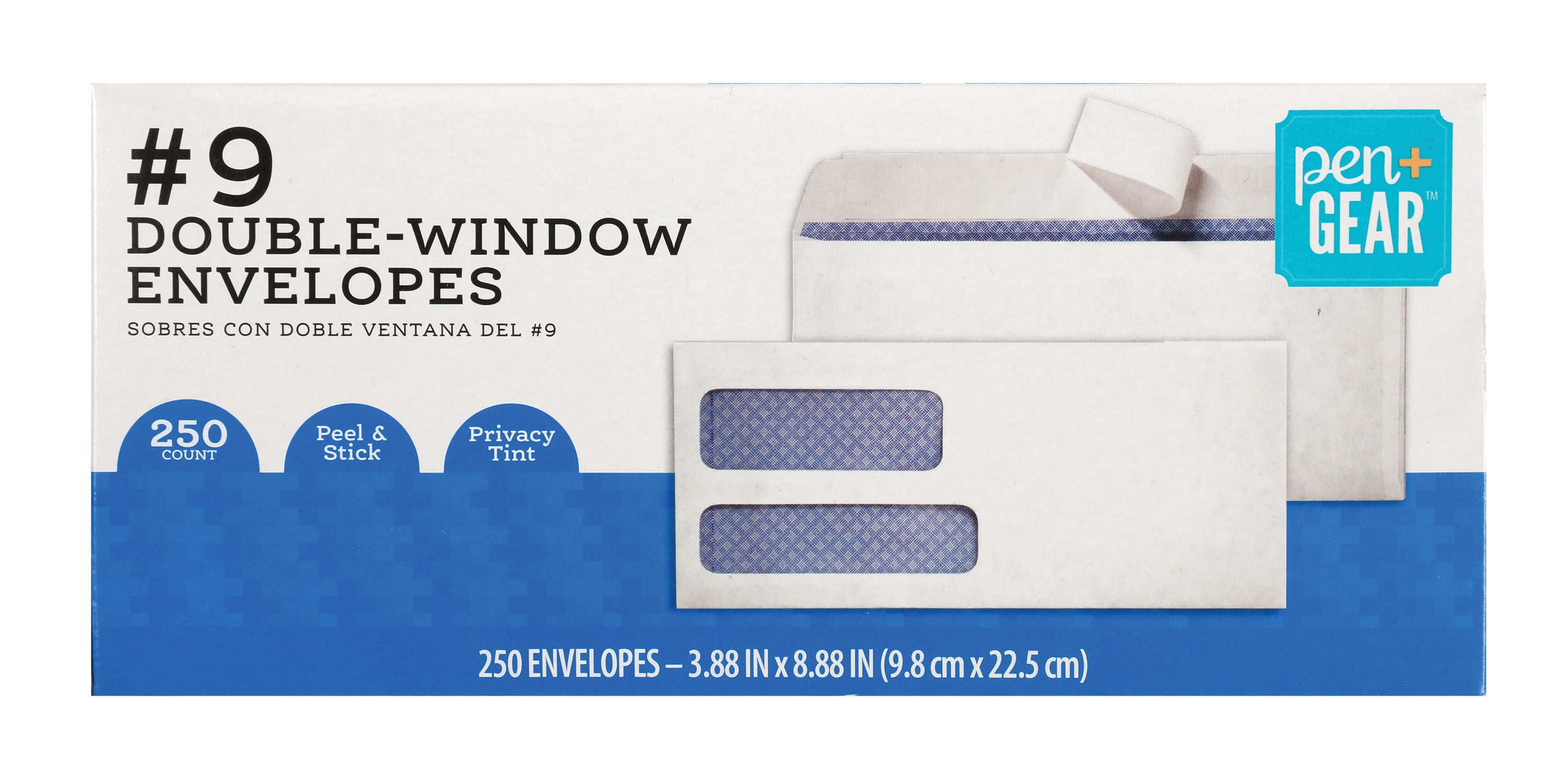 Pen + Gear 9 (3.88" x 8.88") Double Window Peel and Stick Envelopes, Privacy Tinted, White, 250