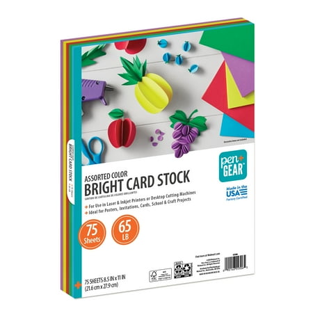 Pen+Gear Assorted Bright Card Stock, 8.5" x 11", 65 lb, 75 Sheets