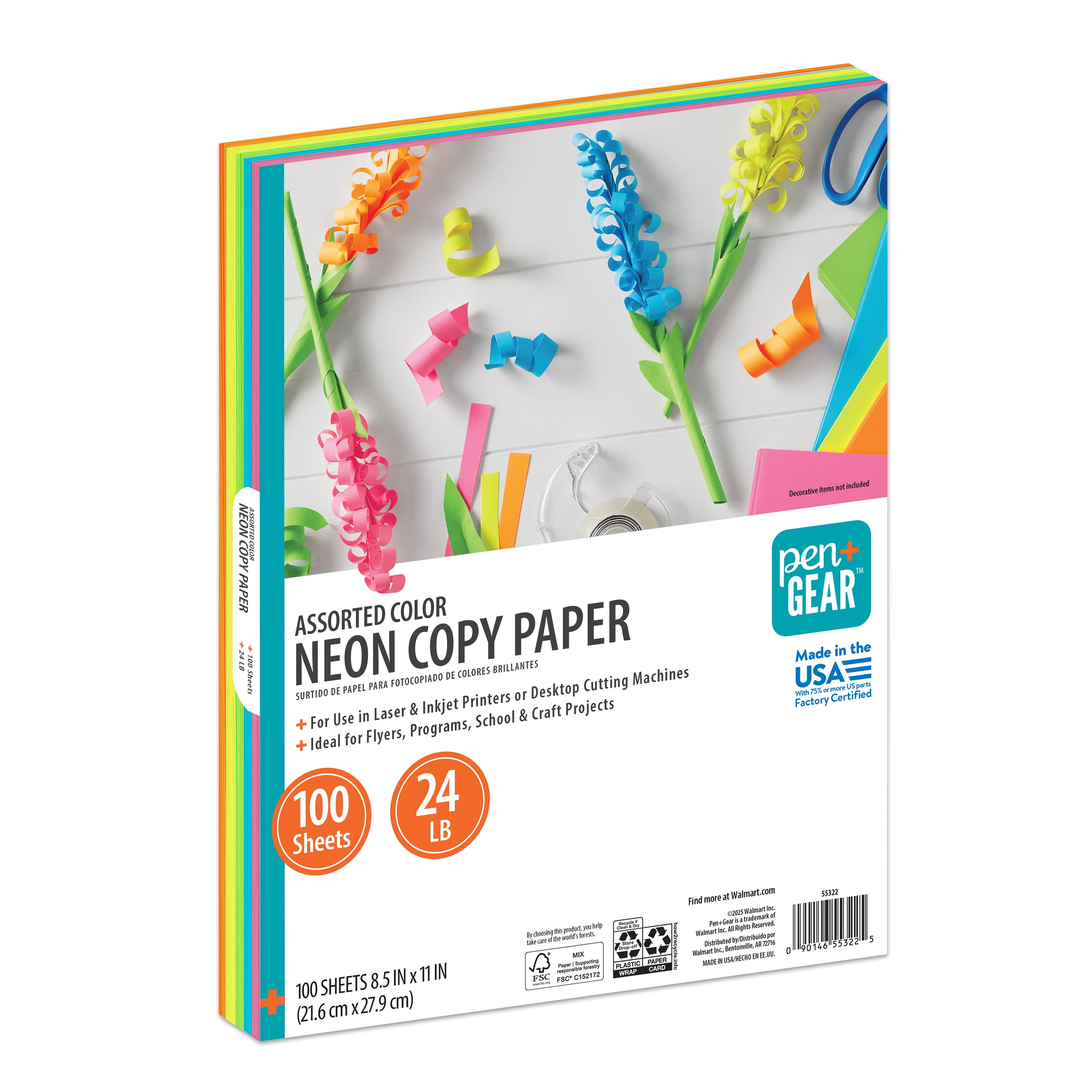 Pen+Gear Assorted Neon Copy Paper, 8.5" x 11", 24 lb, 100 Sheets