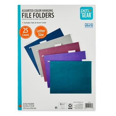 Pen+Gear Assorted Jewel Tone Hanging File Folders, Letter Size, 1/5 Cut Tabs and Inserts, Box of 25