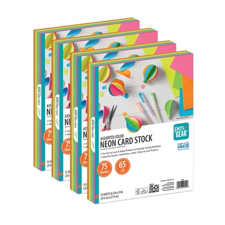 Pen+Gear Assorted Neon Card Stock, 8.5" x 11", 65 lb, 300 Sheets
