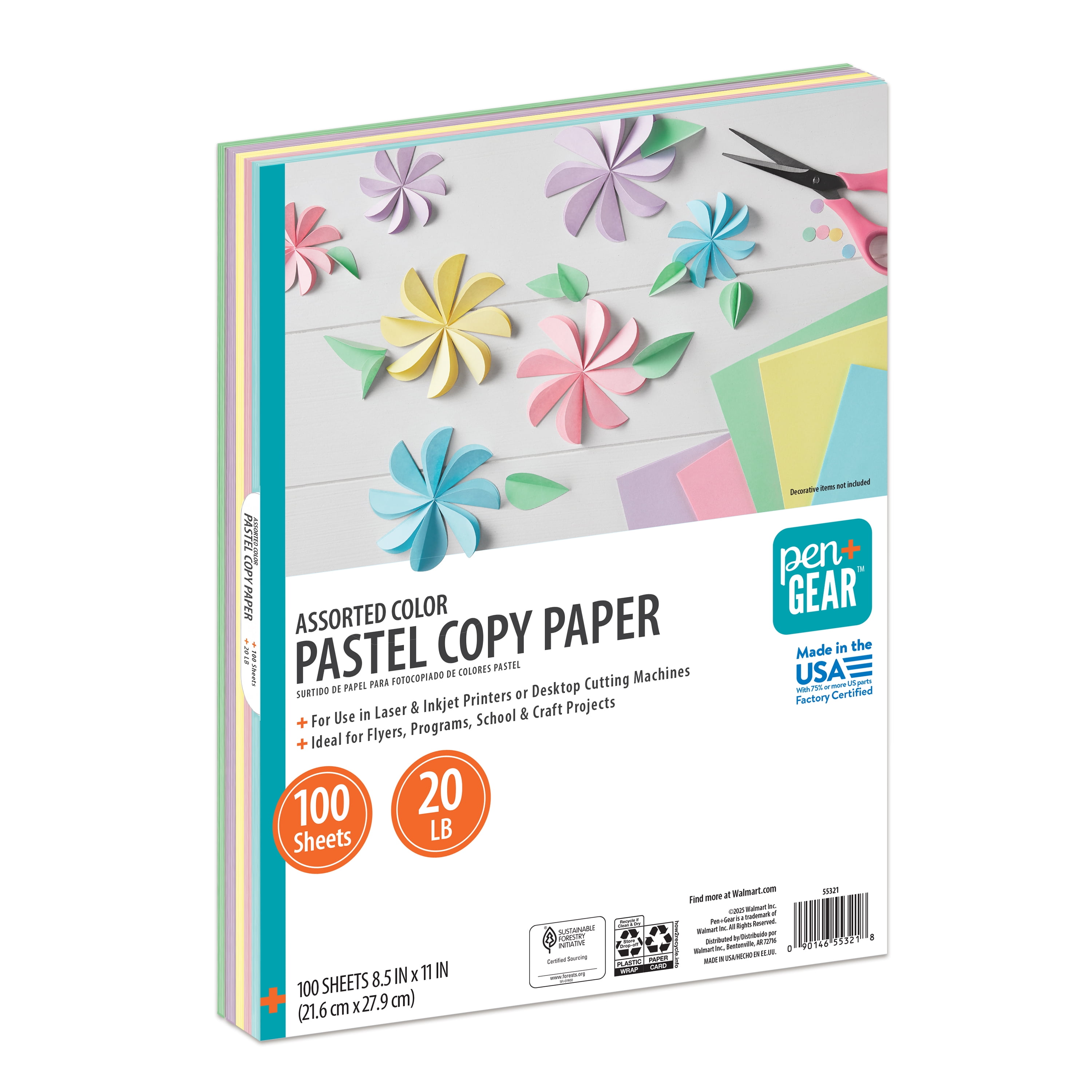 Pen+Gear Assorted Pastel Copy Paper, 8.5" x 11", 20 lb, 100 Sheets
