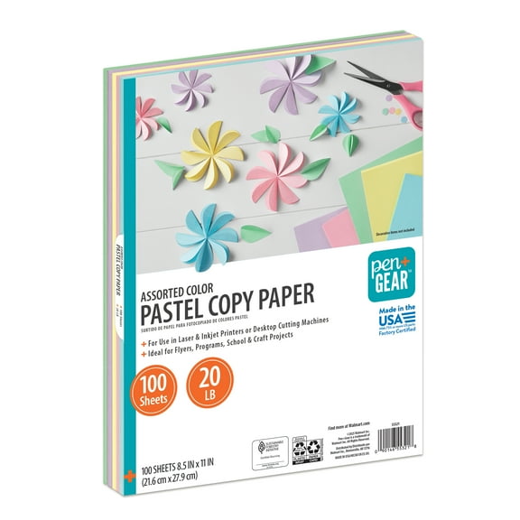 Pen+Gear Assorted Pastel Copy Paper, 8.5" x 11", 20 lb, 100 Sheets