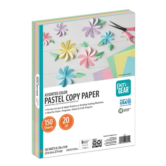 Pen+Gear Assorted Pastel Copy Paper, 8.5" x 11", 20 lb, 150 Sheets
